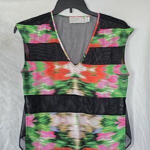 Women's Shipley & Halmos Multicolor V-Neck Floral Mesh Top sz Small Like NEW